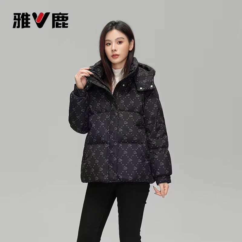 V/雅鹿短款纯色印花90鸭绒羽绒服正肩直筒袖女士防风保暖外套冬季
