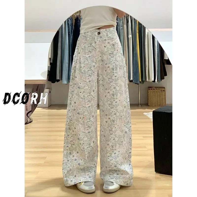 雪千羽高个子慵懒涂鸦休闲裤女春夏高腰宽松显瘦拖地阔腿牛仔裤女