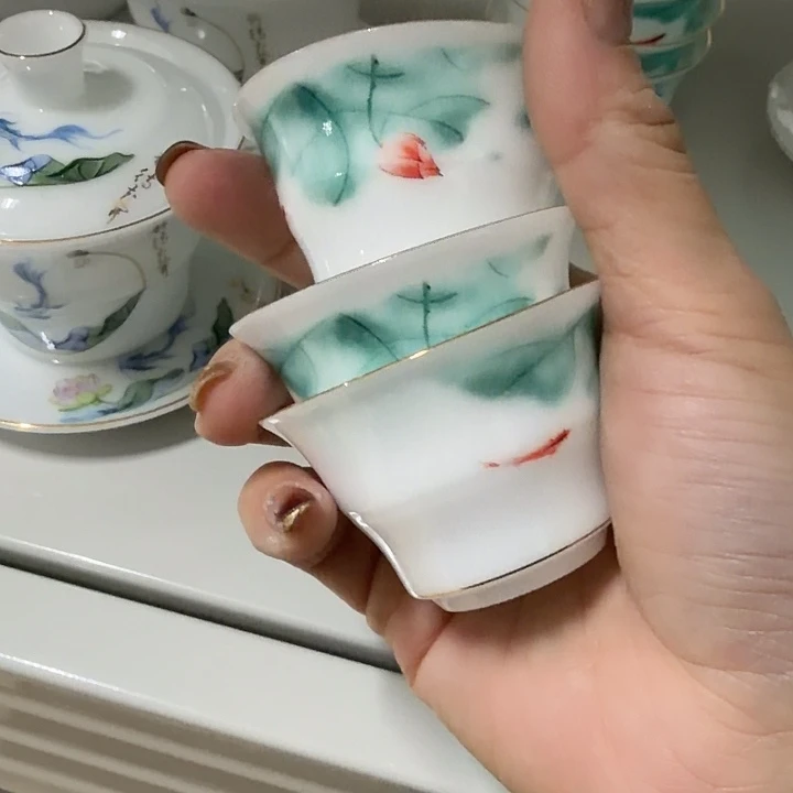 冰种专场功夫茶杯鱼戏莲叶间三个一组35