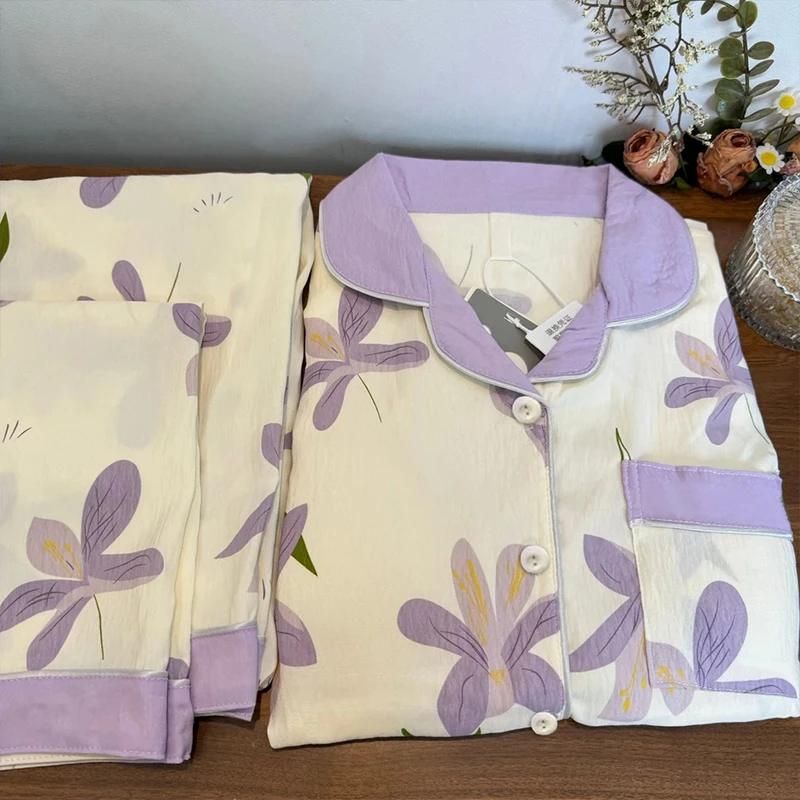 【紫色百合花拍一发三】睡衣女士套装夏春季舒适宽松短袖长裤家居服