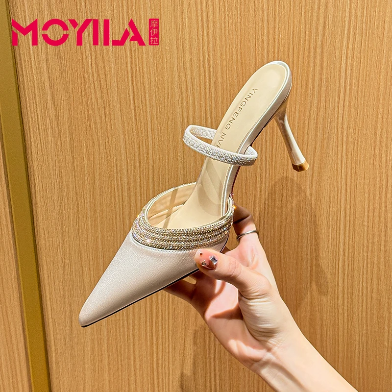 摩伊拉香槟色绸缎包头凉拖鞋女外穿水钻尖头高跟鞋名媛风半拖鞋