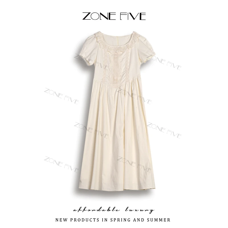 【zonefive】【夏川雪奈】夏季法式收腰显瘦设计拼接蕾丝短袖连衣裙