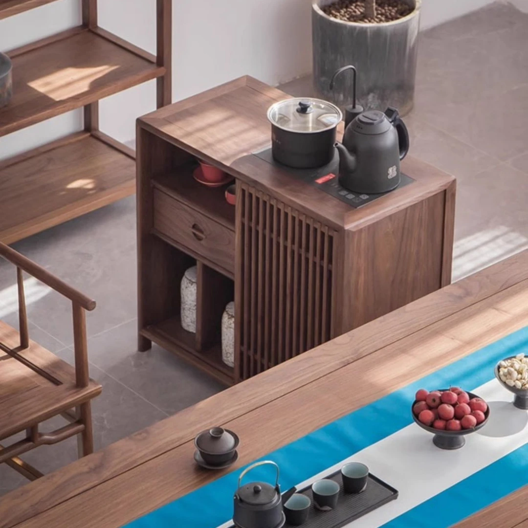 闲居新中式茶水柜黑胡桃实木茶台边柜茶桌茶水柜烧水柜子一体边几