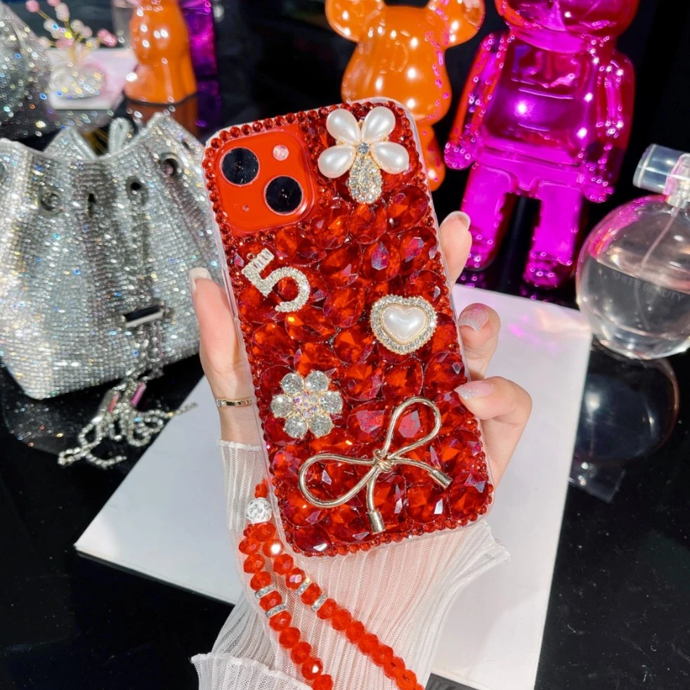 适用苹果/华为/OPPO/VIVO/小米DIY本命年红色珍珠花满钻手机壳