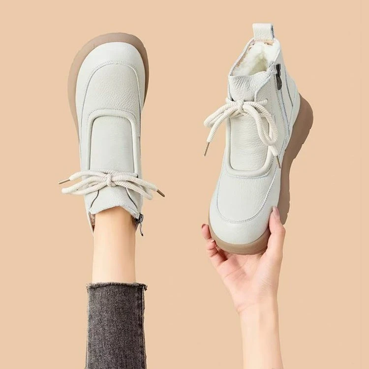 软皮厚底短靴女款2025新款秋冬季百搭皮毛一体加绒加厚皮面雪地靴