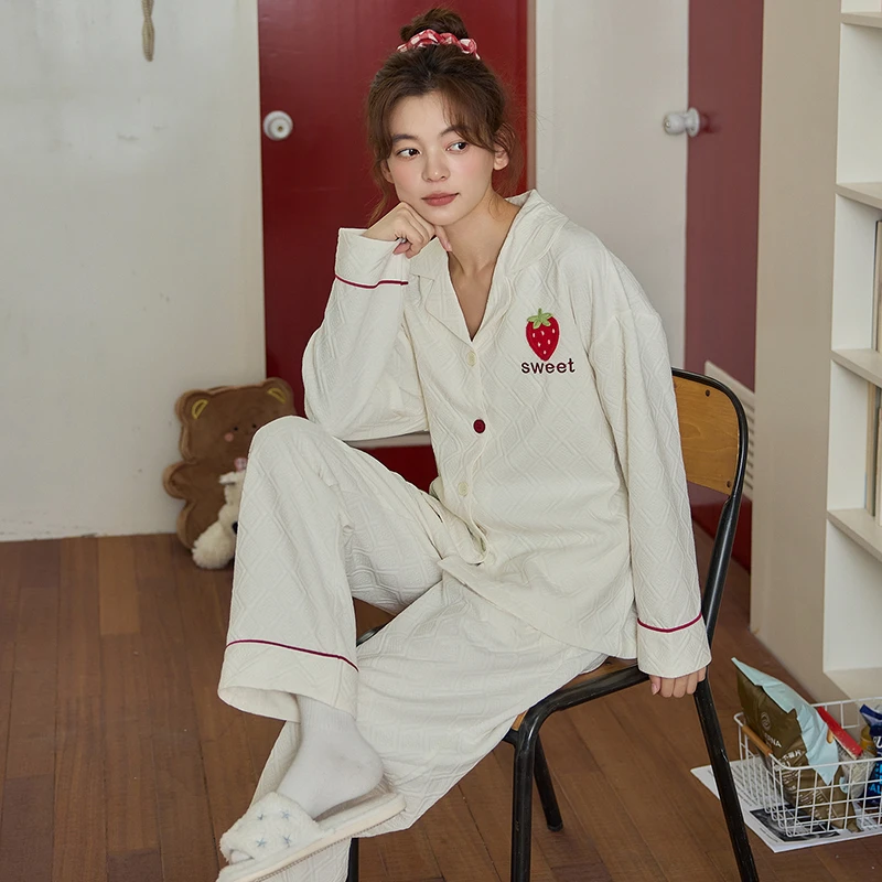 加厚夹棉睡衣女秋冬季长袖开衫保暖夹层空气棉休闲韩版家居服套装
