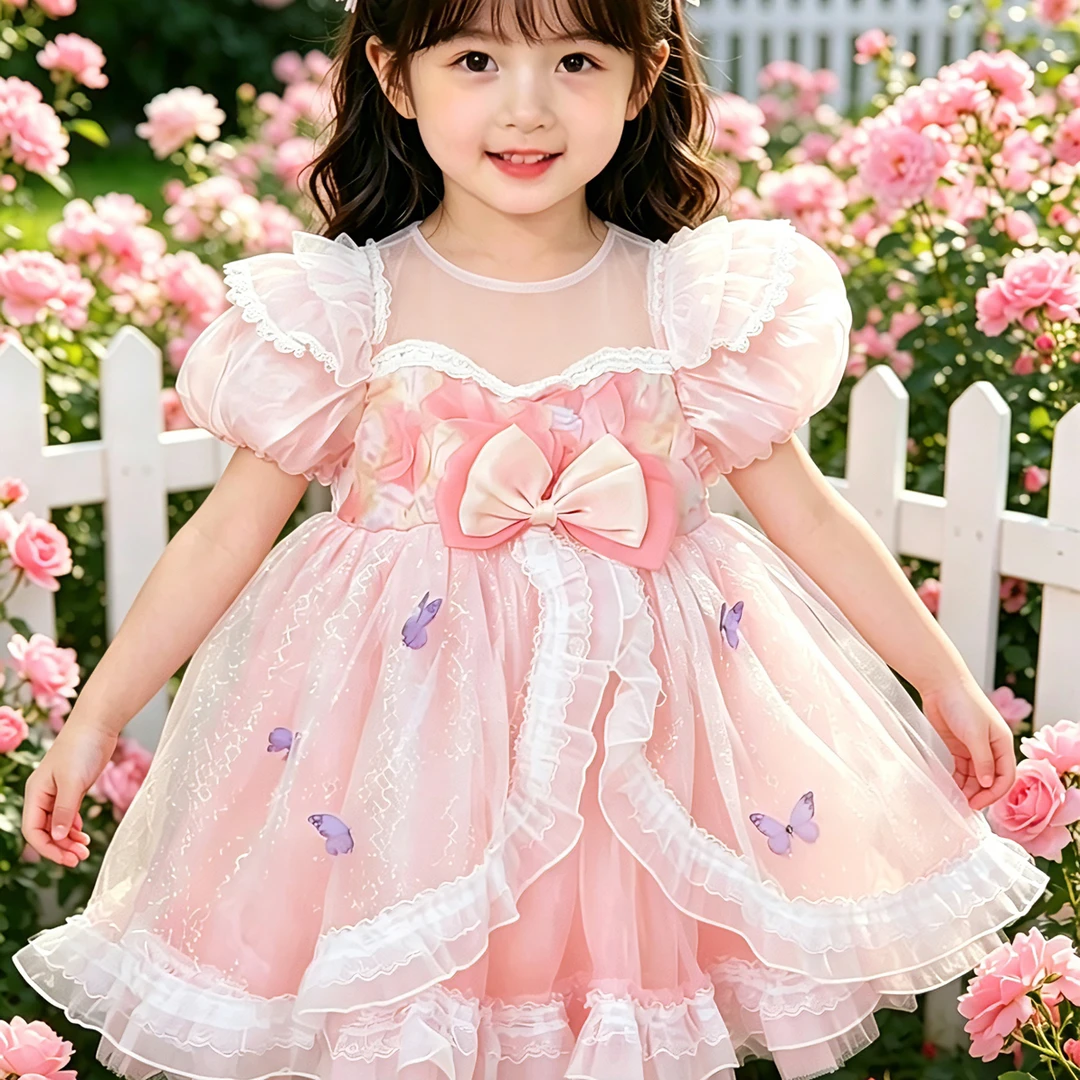 2026新款女童夏季“粉蝶玫瑰”蓬蓬洛丽塔公主连衣裙