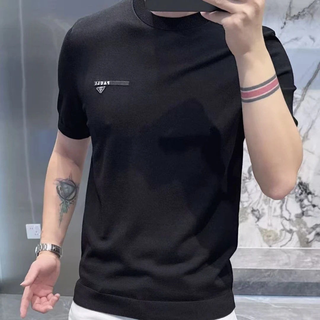 新款男士高品质休闲轻奢潮流纯色圆领短袖针织7719