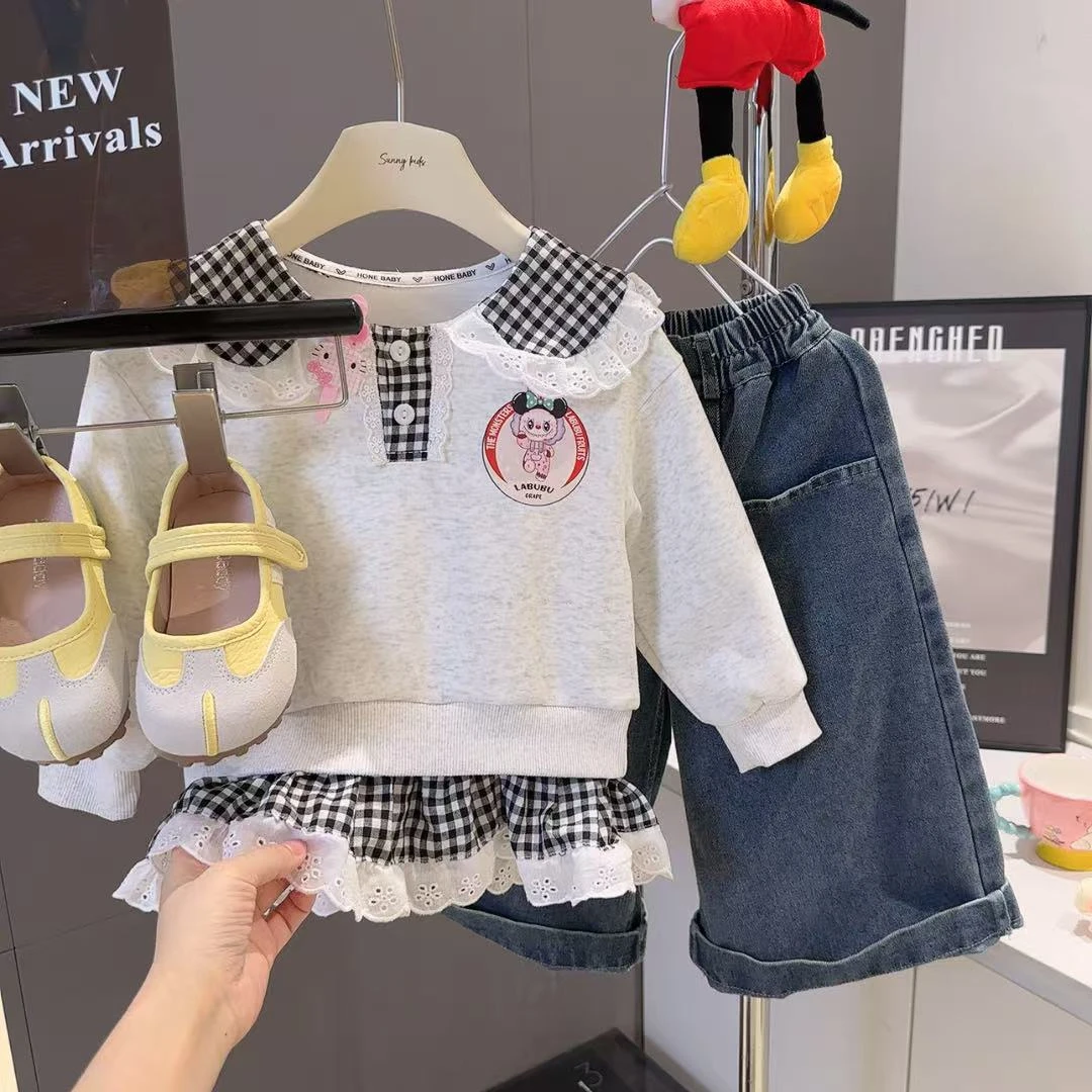 女童韩版撞色格子上衣2025秋季新款卡通翻领卫衣宝宝时尚炸街卫衣