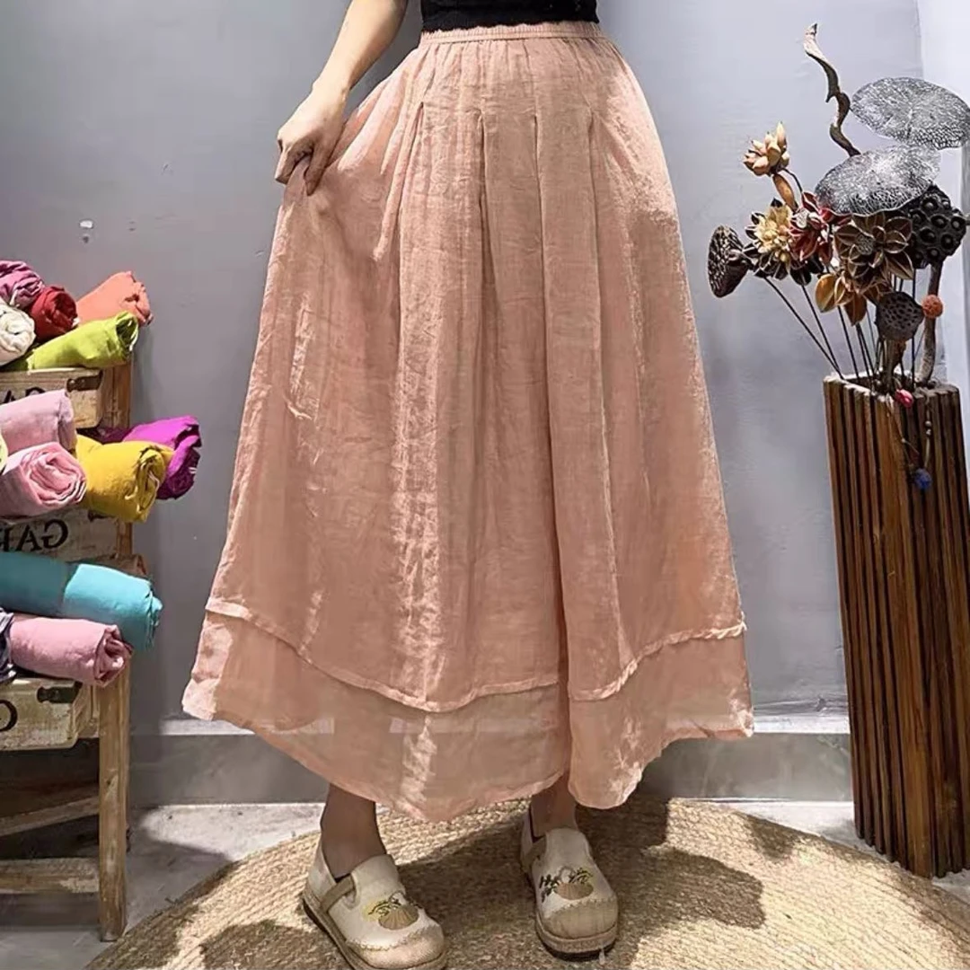 2537苎麻褶皱大摆半裙