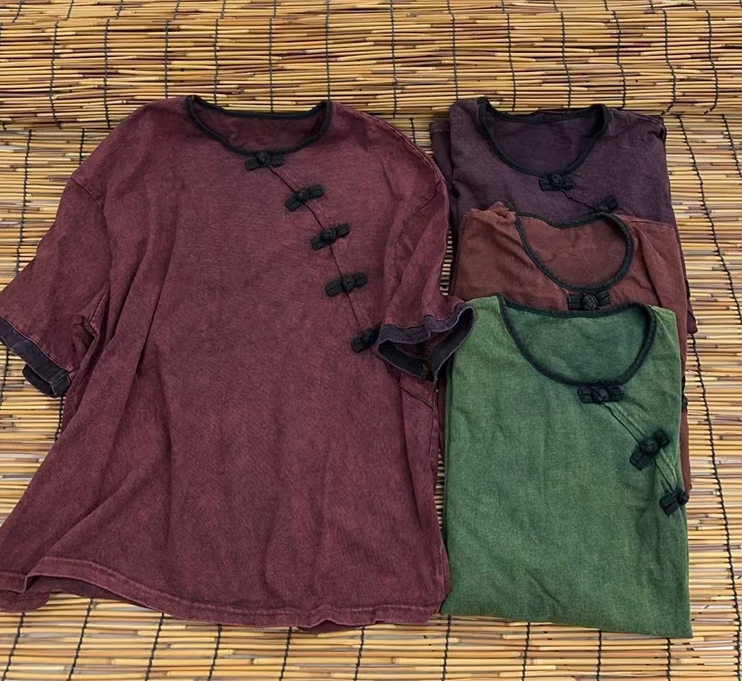 炒色做旧水洗棉斜襟盘扣T恤短袖 751