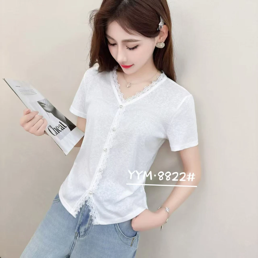 8822#V领蕾丝花边短袖T恤女时尚简约百搭洋气显瘦修身夏季