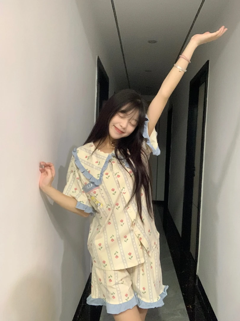 少女甜美可爱卡通白雪公主睡衣女夏季娃娃领公主风短袖短裤家居服