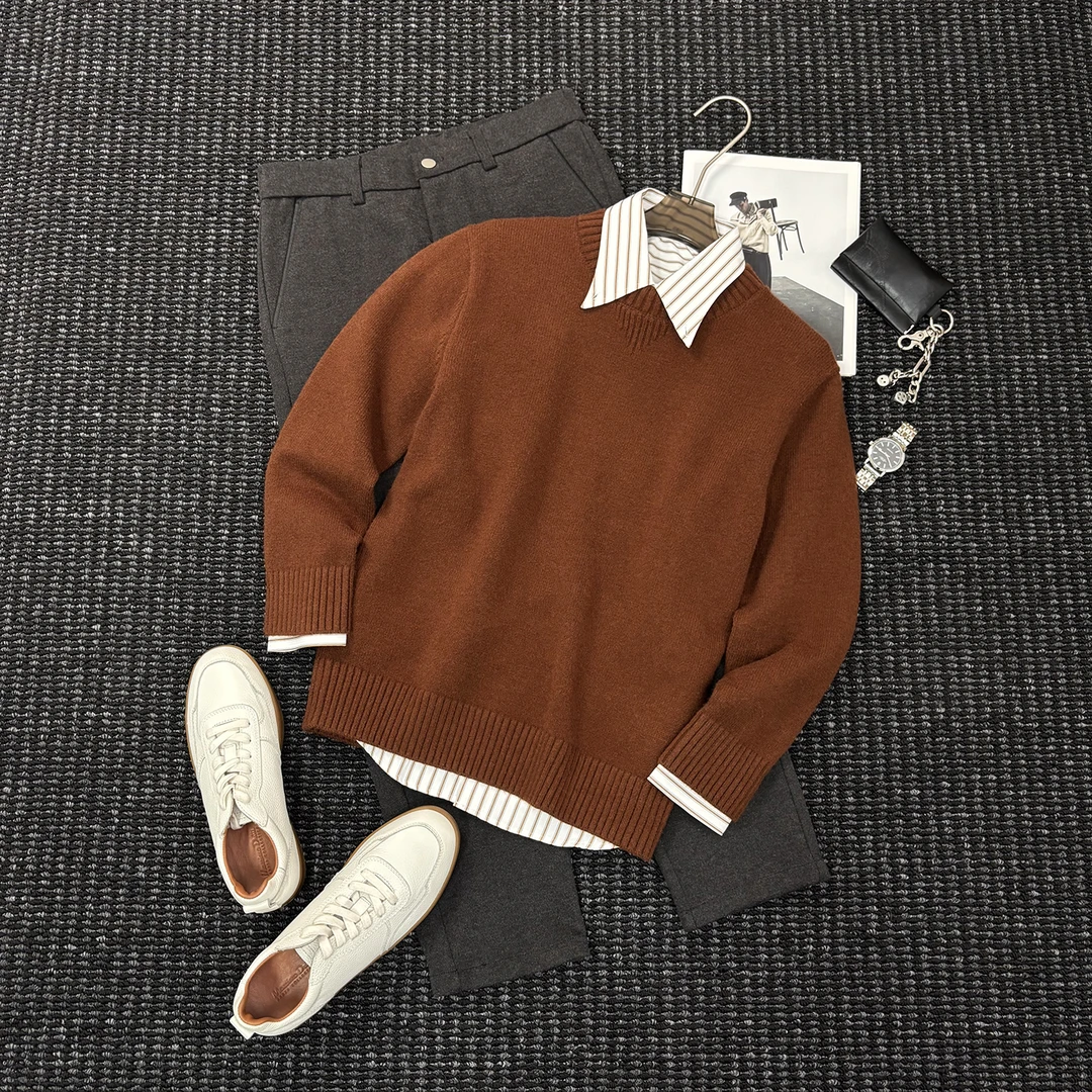 MIGSIMHE·秋冬男士商务纯色打底针织衫休闲百搭圆领毛衣羊毛衫