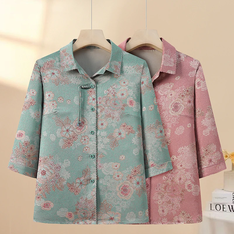 奶奶夏装七分袖仿真丝衬衫中老年人女妈妈春夏装老太太新款衬衣女