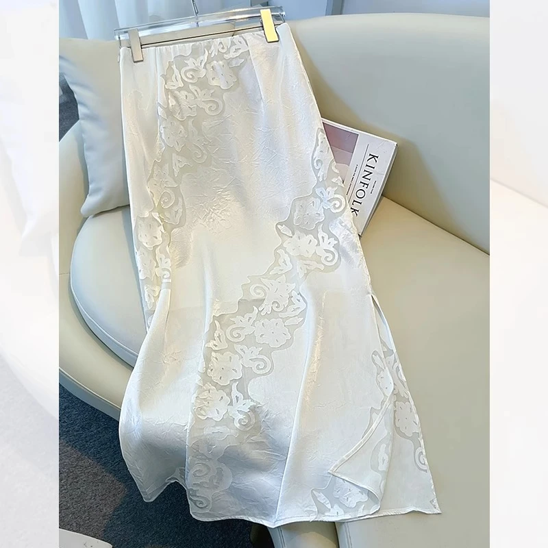 烧花醋酸鱼尾半身裙女夏2025新款侧开叉中长裙缎面提花a字包臀裙