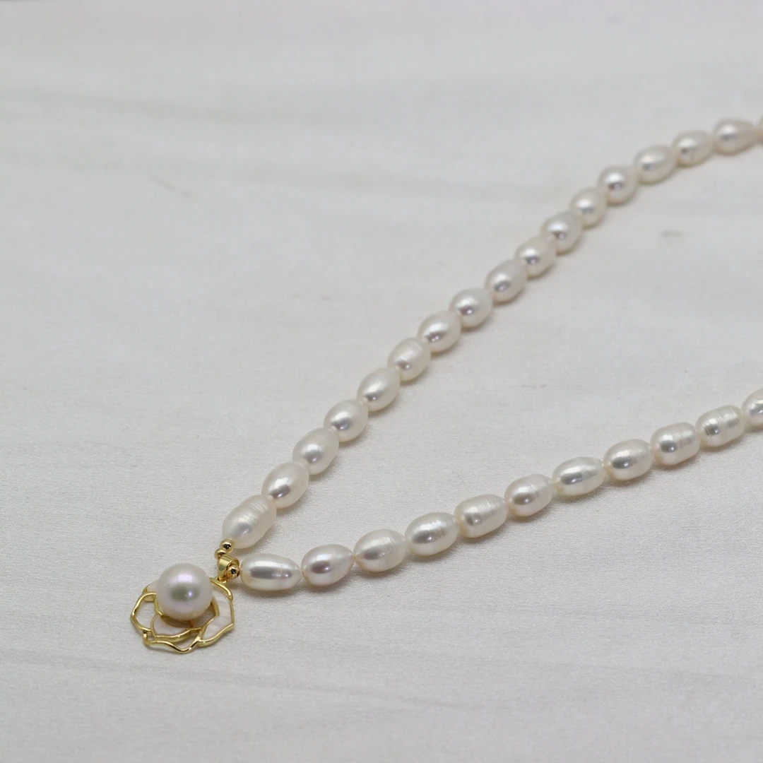 山茶花米型珍珠项链 6-10mm