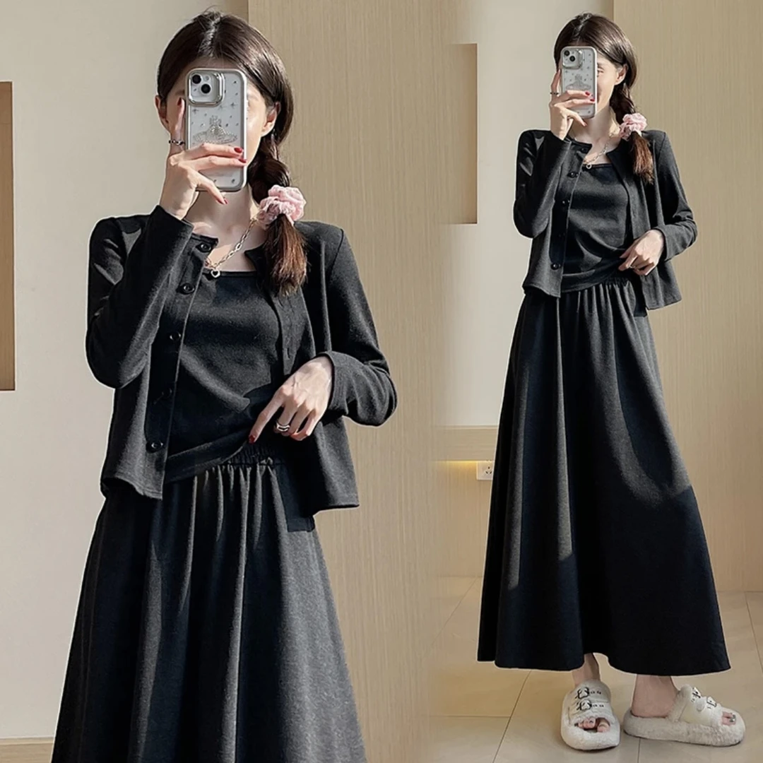 早春穿搭韩系气质时尚高级感针织开衫吊带半裙三件套-L