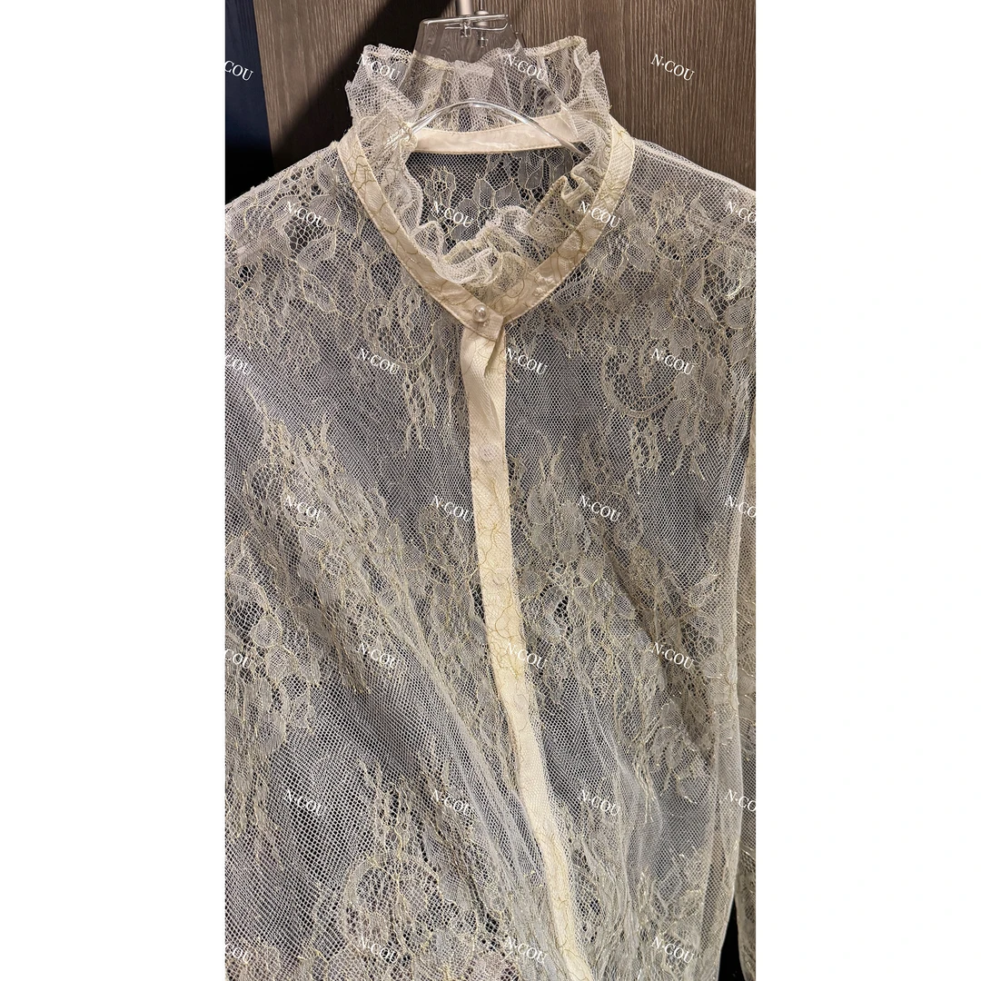 N.COU妮蔻25冬新款设计感透视花边高领叠穿刺绣内搭衬衫女DY70067