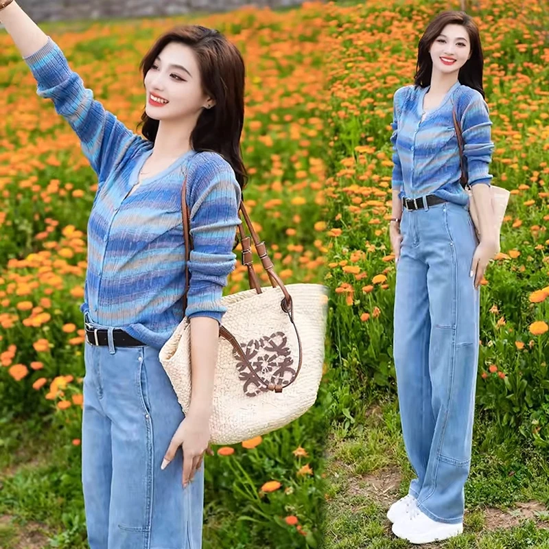 时尚套装女2025春秋季新款长袖防晒针织衫+休闲弯刀牛仔裤两件套