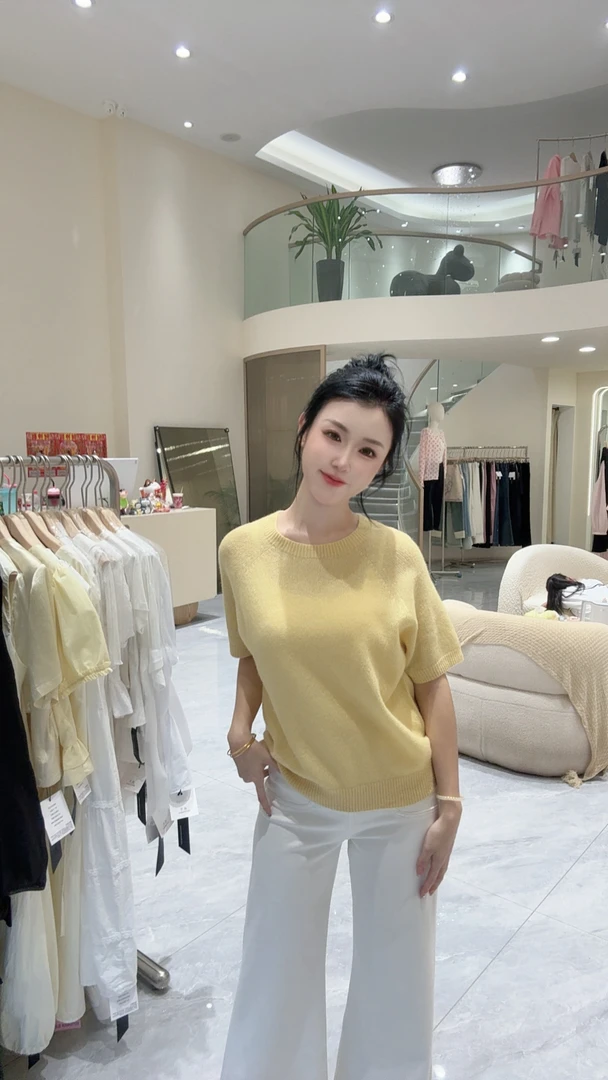 时尚套头女毛针织衫短袖薄款女装通勤风常规款打底
