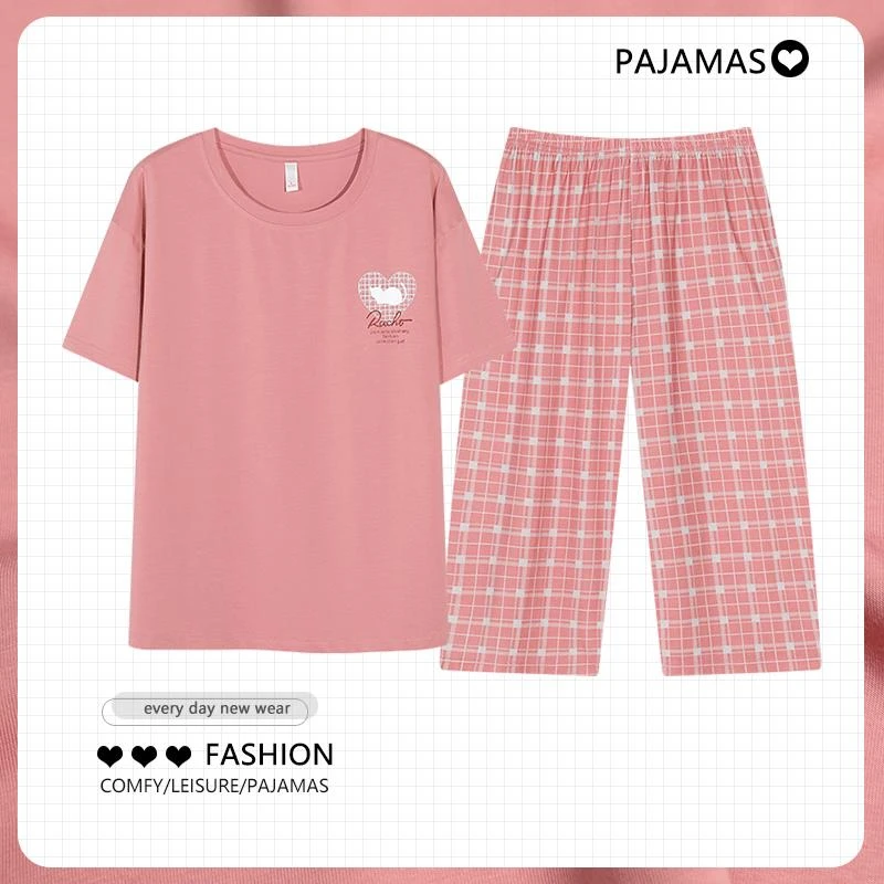中年妈妈睡衣夏季薄款纯棉短袖七分裤休闲妇女家居服夏天全棉套装