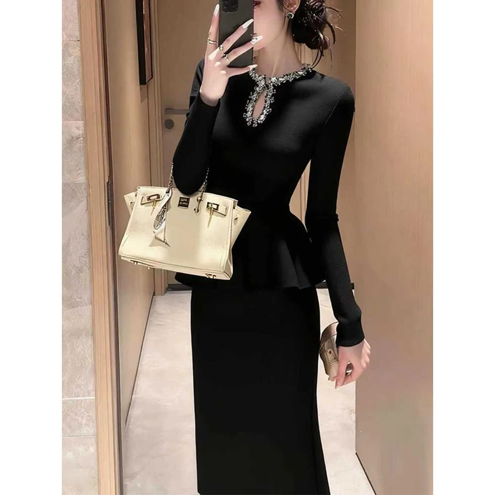 秋季千金贵气感御姐穿搭高端精致名媛气质小香风黑色针织套装裙女