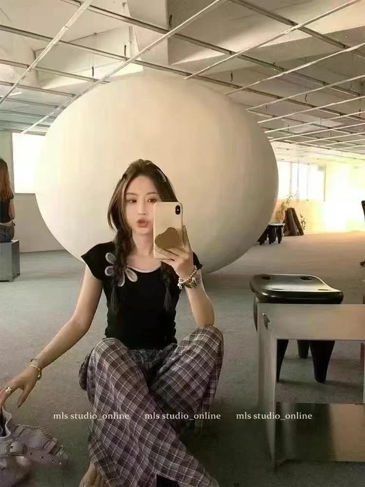 短袖常规款圆领常规拼接INS风T恤休闲高腰夏季显瘦气质百搭时尚