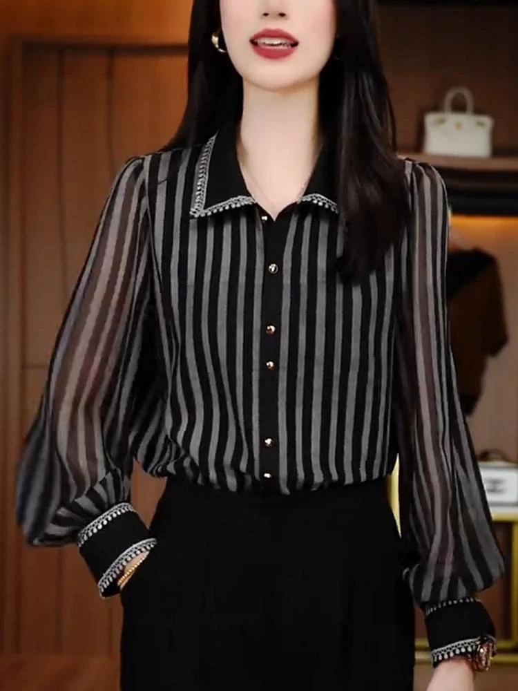 2025秋季新款精美轻奢减龄衬衫上衣雪纺衫打底衫黑色洋气高端W461