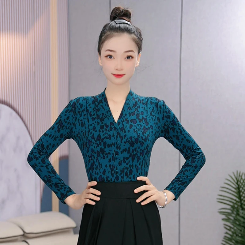 拉丁舞连体上衣女成人摩登舞服V领豹纹印花练功服表演服装交谊舞