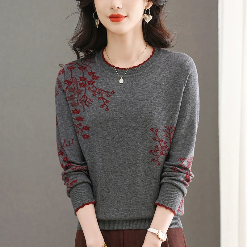 大码女装春秋2025新款洋气提花毛衣宽松显瘦遮肉秋冬针织打底衫女