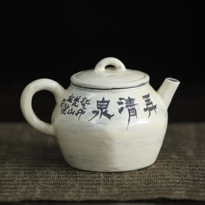 【梵山堂】粉引雕刻诗文壶(10号)（梵山S0156）