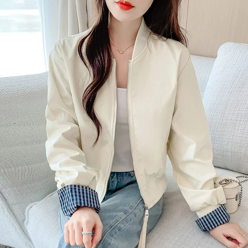 韩版时尚百搭短款外套女2025年春秋新款设计感格子拼接长袖夹克衫