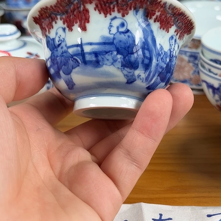 青花釉里红童子杯子杯子