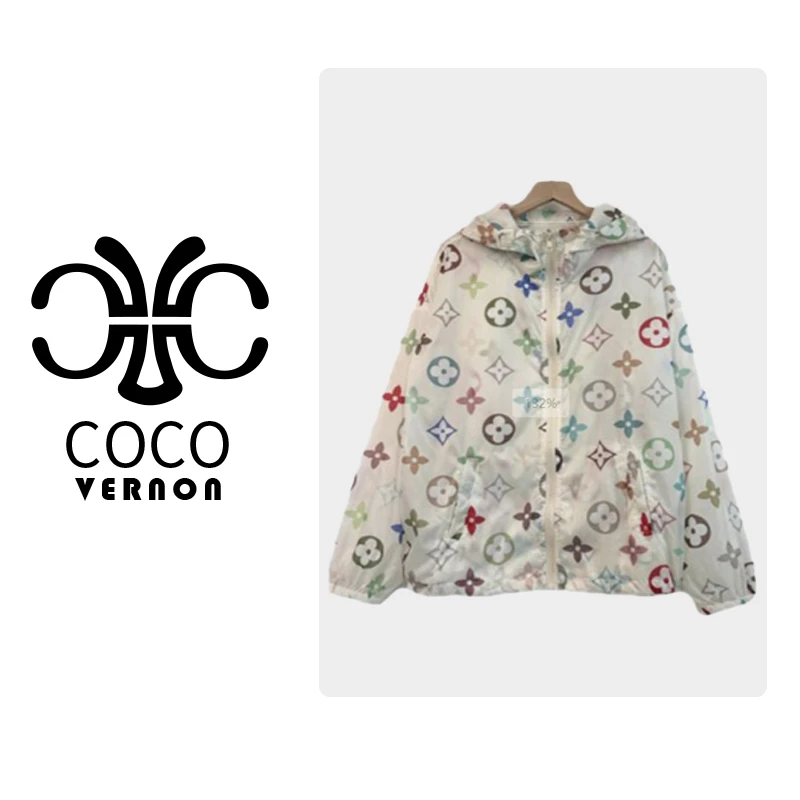 轻奢潮牌简约彩色连帽防晒衣男女同款满印薄款外套