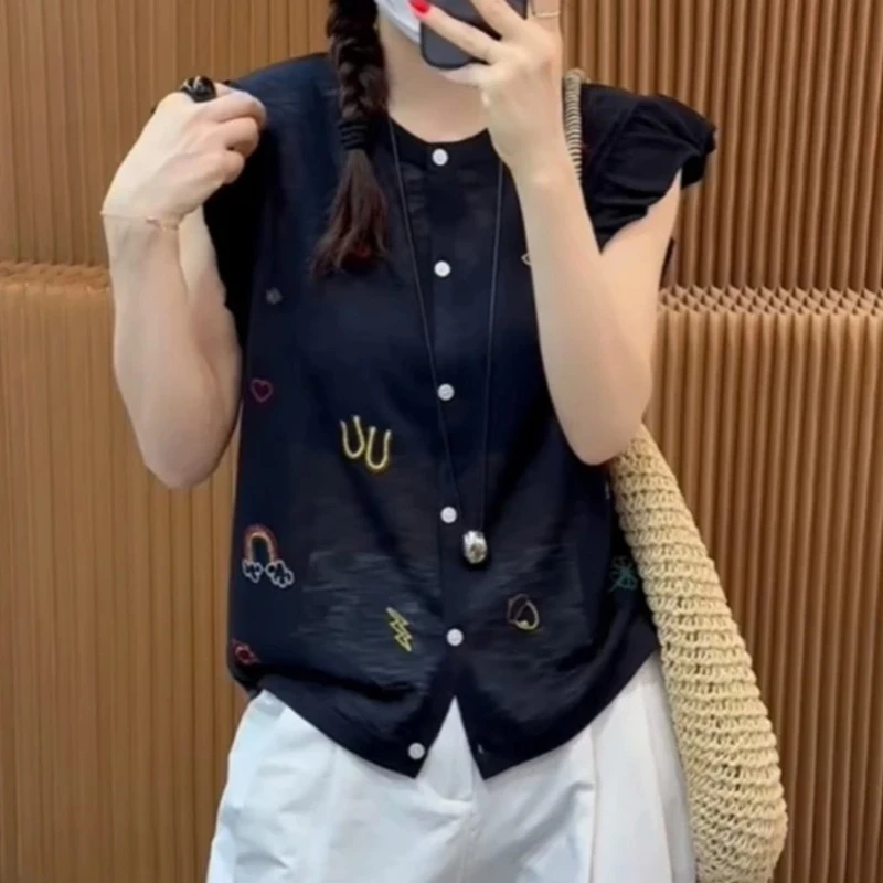 小飞袖荷叶边刺绣单排扣显瘦针织衫女夏新款气质小众减龄百搭上衣