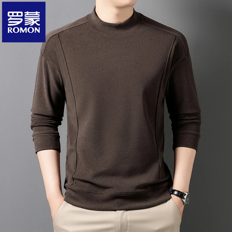 罗蒙时尚德绒半高领T恤男冬季新款休闲高档舒适保暖纯色百搭卫衣