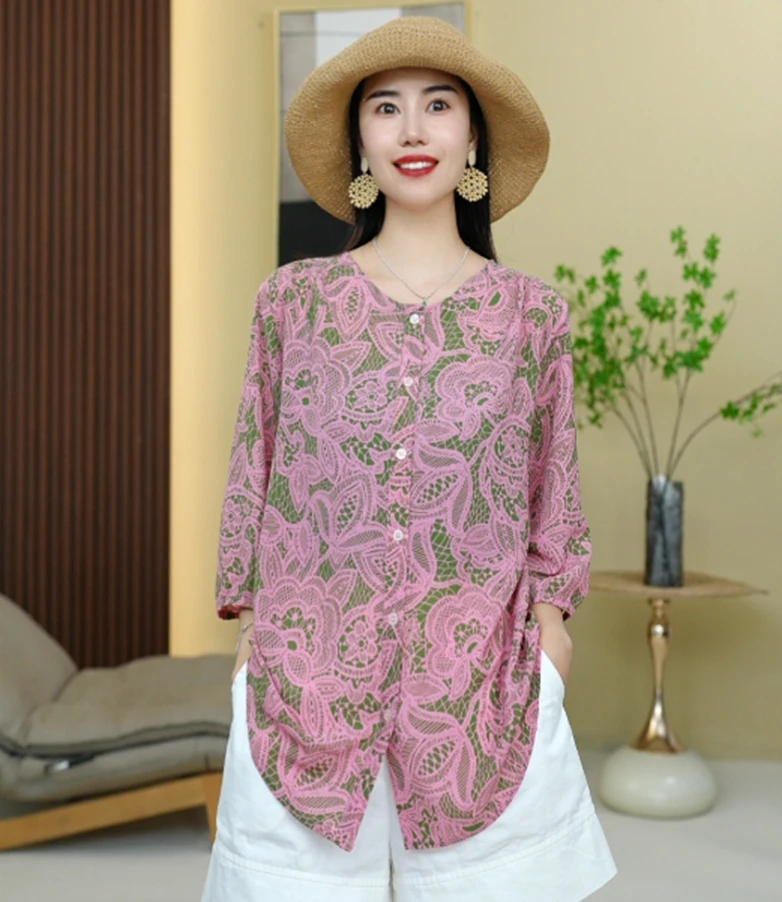 BEIJU 2025新款时尚气质轻奢百搭洋气宽松显瘦圆领印花衬衫女2817