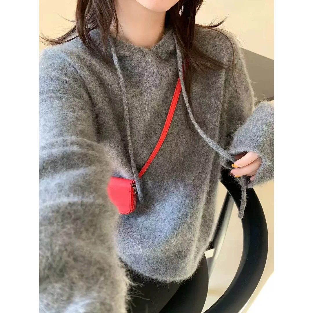 QianRH-9800冬季新款百搭纯色加厚羊绒拉毛连帽针织衫