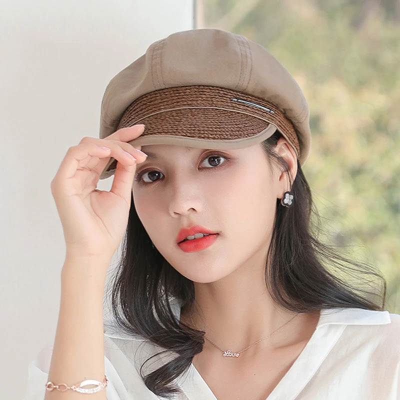 文艺透气拼接鸭舌帽女春夏天出游百搭棉麻报童帽韩版日系画家帽子