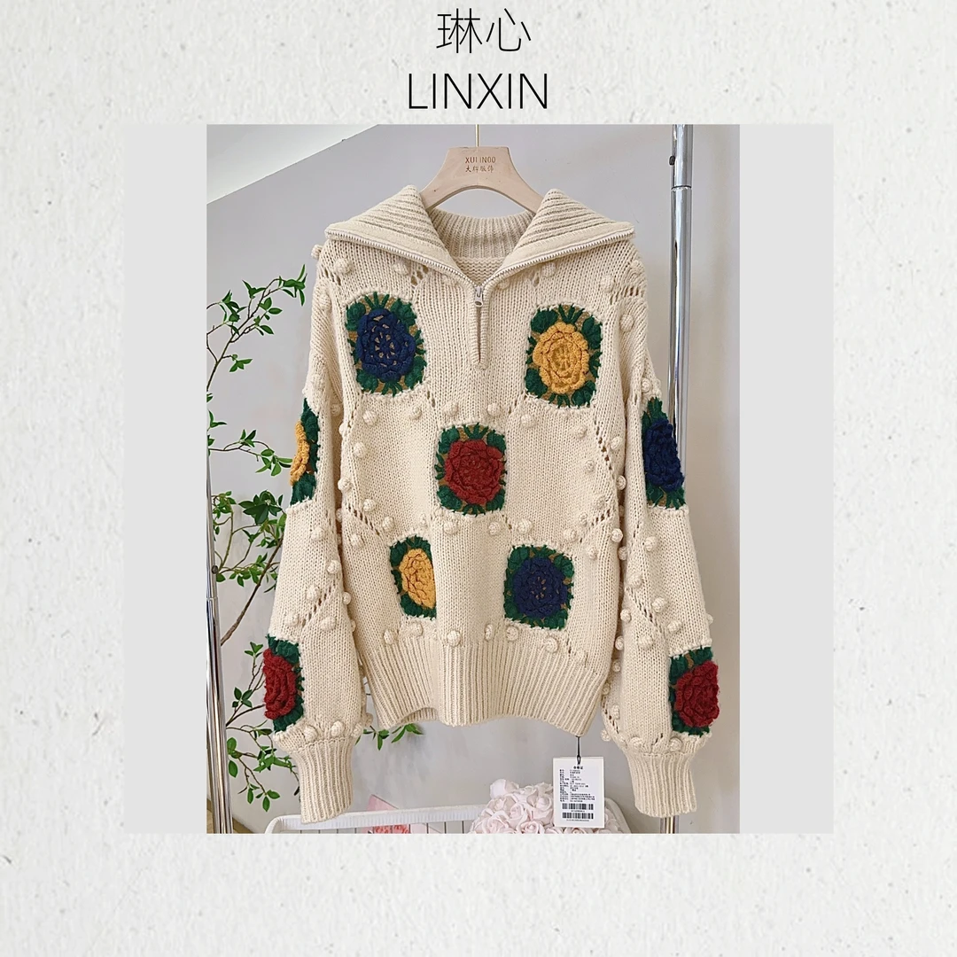 丨秋冬时尚百搭气质米白色镂空钩花套头针织衫1037