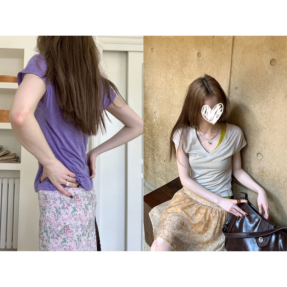 弹力修身显瘦v领短袖夏百搭夹花纱针织上衣+竖坑条v领背心21922#