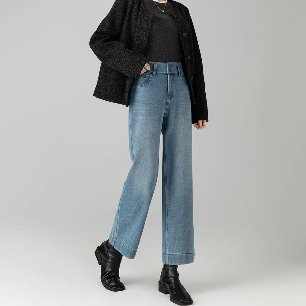 2025新款水洗蓝牛仔裤高腰设计师女士休闲裤宽松直筒女阔腿裤8735