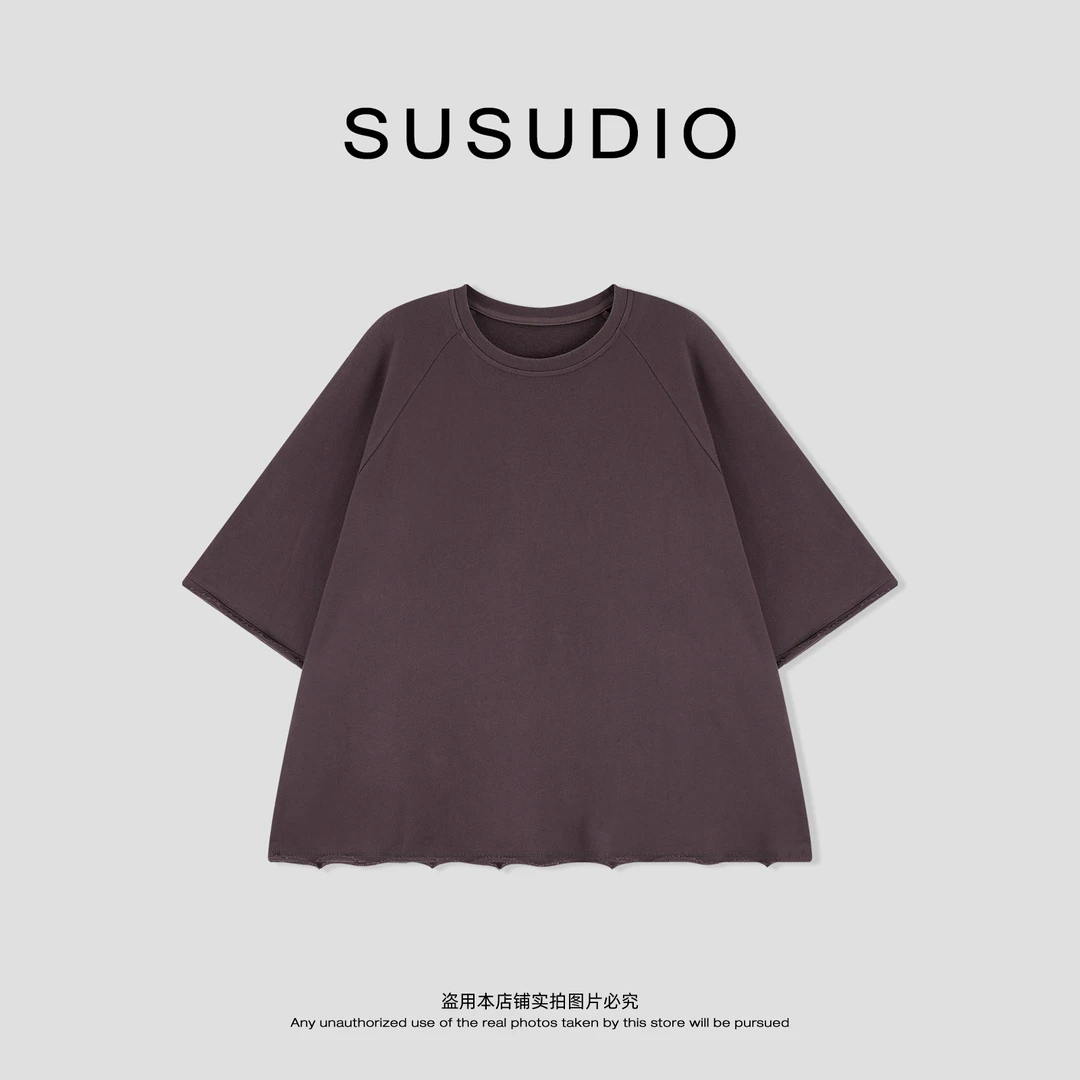 SUSUDIO 100棉 宽松纯色百搭圆领卷边插肩五分袖T恤 10647