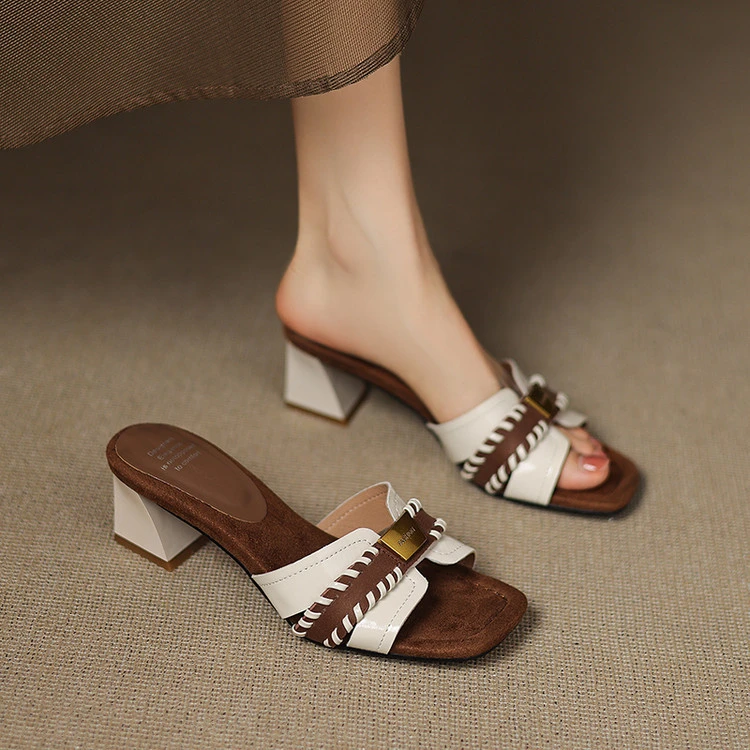 真皮方头拼色露趾凉拖鞋女夏外穿粗跟懒人半拖一脚蹬高跟一字凉鞋