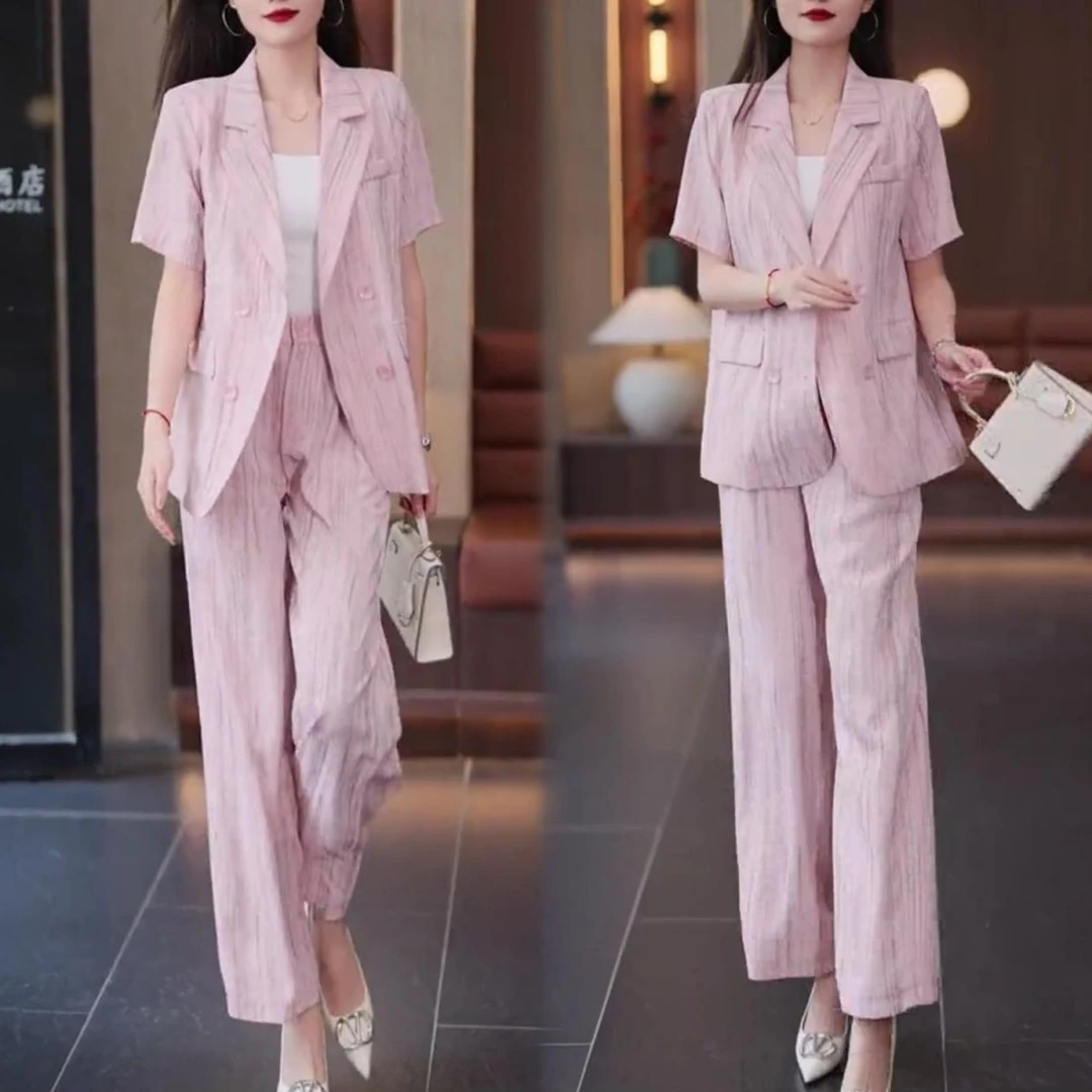 2025夏季新款小个子通勤遮肚显瘦薄款印花西装阔腿裤子两件套装女