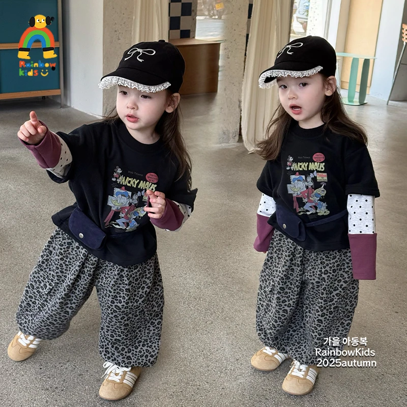 【彩虹家】2025秋款卡通印花假两件上衣豹纹裤套装-66084