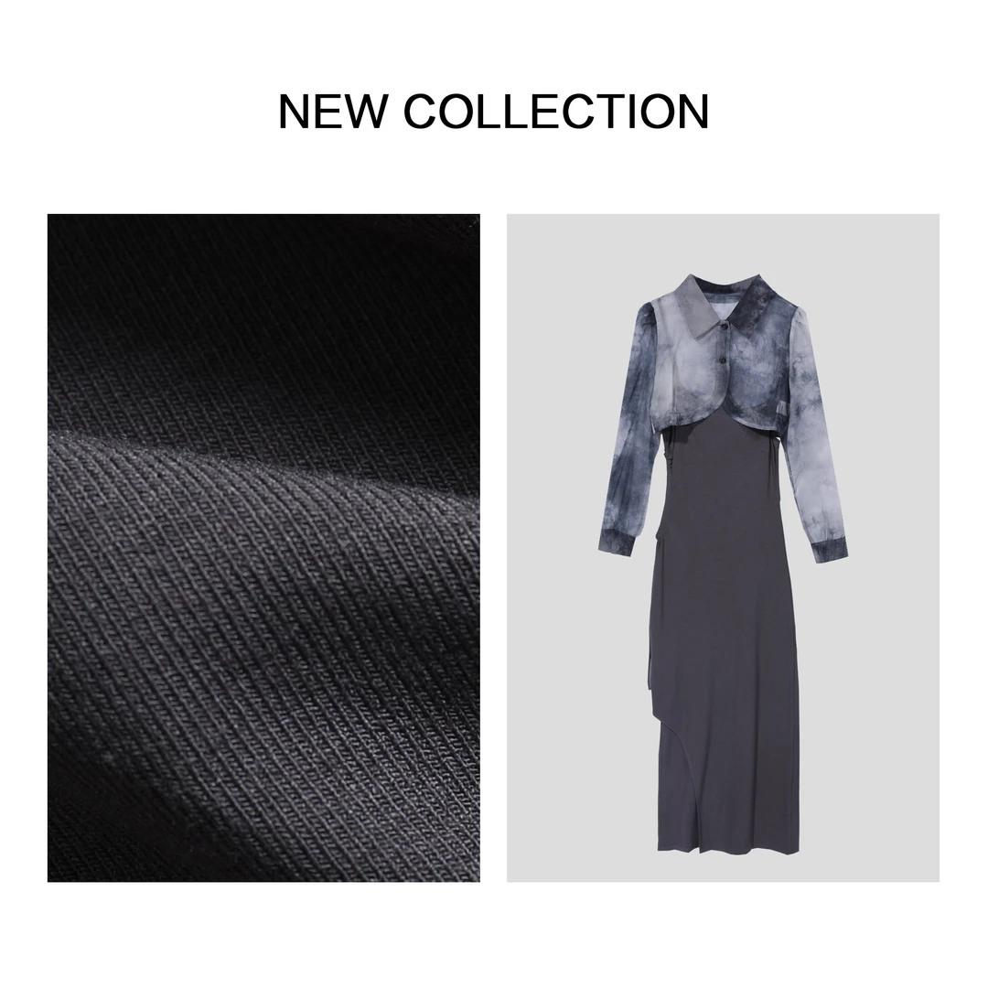 【小橱专享】D3F28005水墨纹扎染上衣+高级质感垂感吊带裙套装-8005