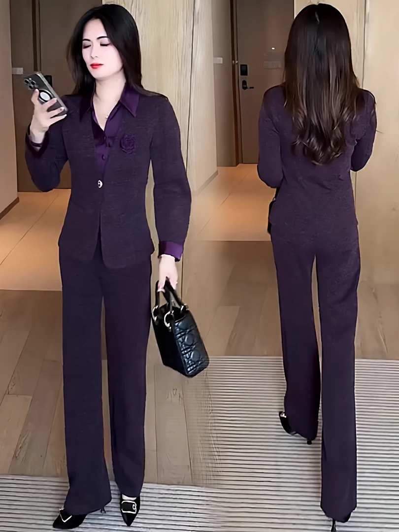 时尚西装套装女秋季新款洋气显瘦假两件拼接西服外套阔腿裤两件套