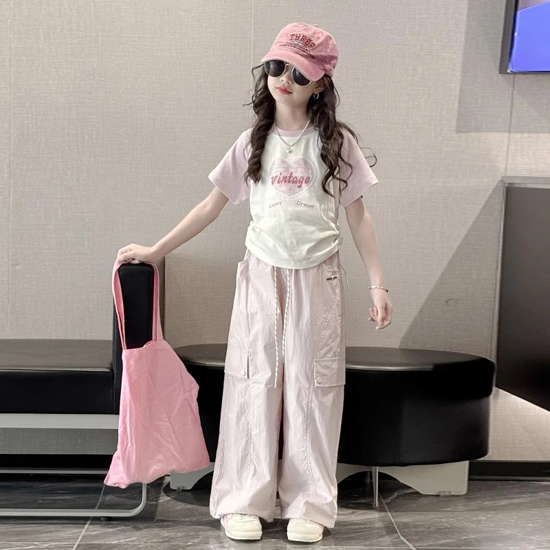 女童夏季工装裤套装2025新款中大童短袖T恤夏装薄款阔腿裤两件套